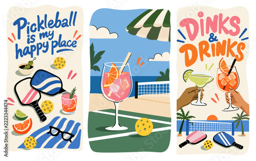 Retro summer poster set with pickleball paddles, court scenes, cocktails, and fun quotes for social sports party banners, resort club events, and tournament merchandise prints