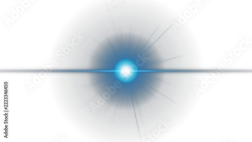 Bright blue circular light flare with a horizontal beam isolated on a plain white background transparent background