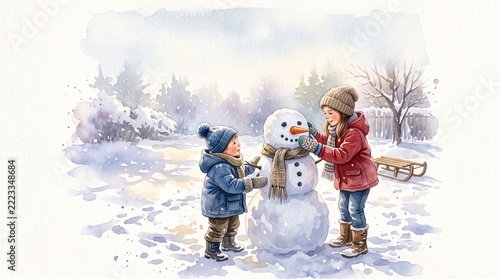 Happy children building a snowman in a snowy winter landscape for