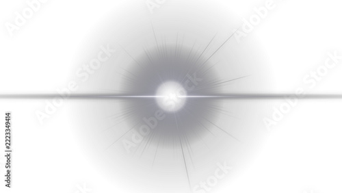 Bright white glowing starburst light effect with horizontal lens flare transparent background