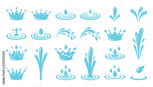 Assorted water splash icons with liquid drops and ripples in blue color fountain illustration abstract iconography