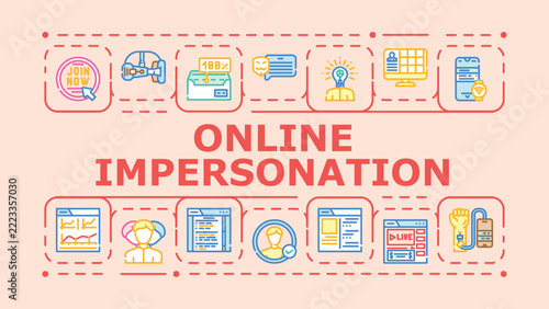 Online impersonation banner infographic. Pretence fake, deception fraudster, disguise identity icon vector illustration