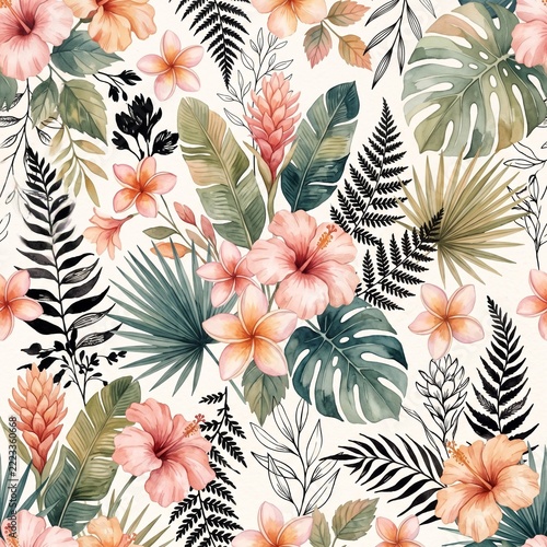 Soft Pastel Watercolor Tropical Floral Seamless Pattern Background with Pink Hibiscus Flowers, Plumeria, Ginger Blooms and Black Line Art Fern Leaves, Vintage Botanical Wallpaper Vector Illustration