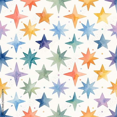 Seamless Colorful Pastel Watercolor Starburst Pattern with Geometrical Eight-Point Stars, Sparkles, and Celestial Magic Elements, Soft White Background