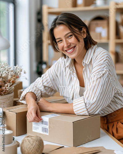 Woman smiles warmly while packing a box. Her hands gently secure shipping tape on cardboard. Desk holds twine, paper, and dried flowers. Behind her, shelves hold more boxes and decor