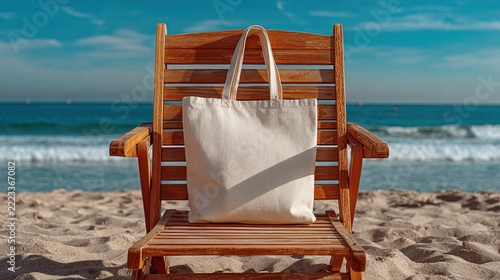 Relaxing Beach Scene with Wooden Lounge Chair and White Pillow.