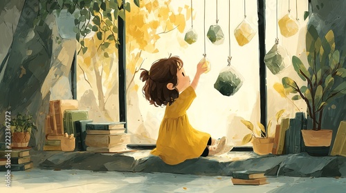 Child Playing with Hanging Plants in Bright Room.