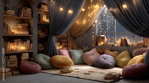 Cozy Lounge Area with City View and Ambient Lighting.