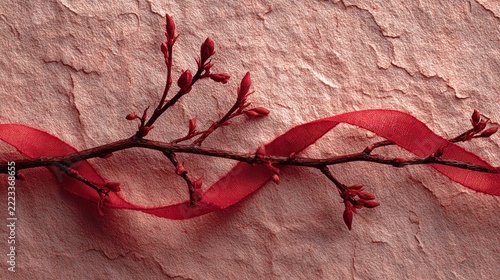 Decorative Red Ribbon and Branches on Textured Wall.