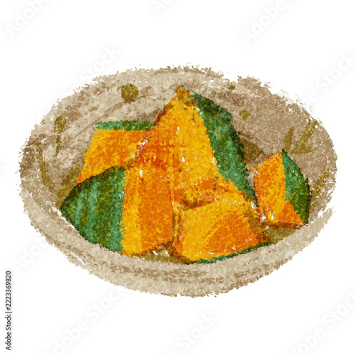 かぼちゃの煮物　あたたかみのある手描きの水彩イラスト