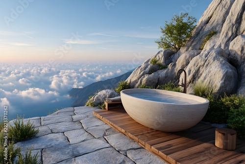 High Altitude Living Stone Bathtub on Wooden Deck Overlooking Mountain Peaks Above Clouds at Sunset For Luxury Spa Relaxation