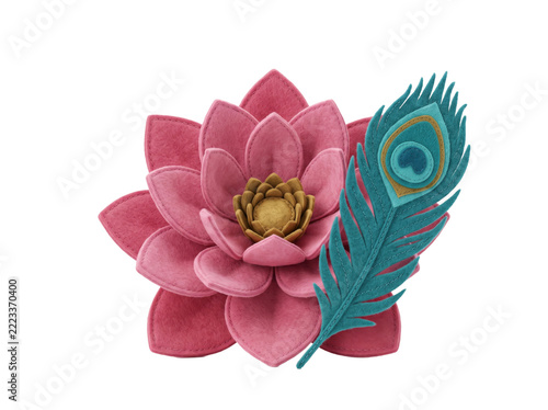 Felt and plush fabric 3D  of a layered pink lotus flower made of soft felt petals with a golden center, and a felt peacock feather with a teal eye pattern leaning against its side. Lotus upright