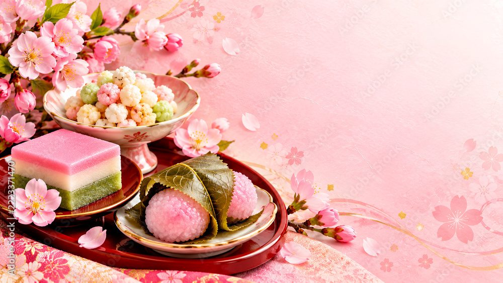 Obraz premium 菱餅とひなあられと桜餅を飾った春らしいひな祭りの和菓子広告背景