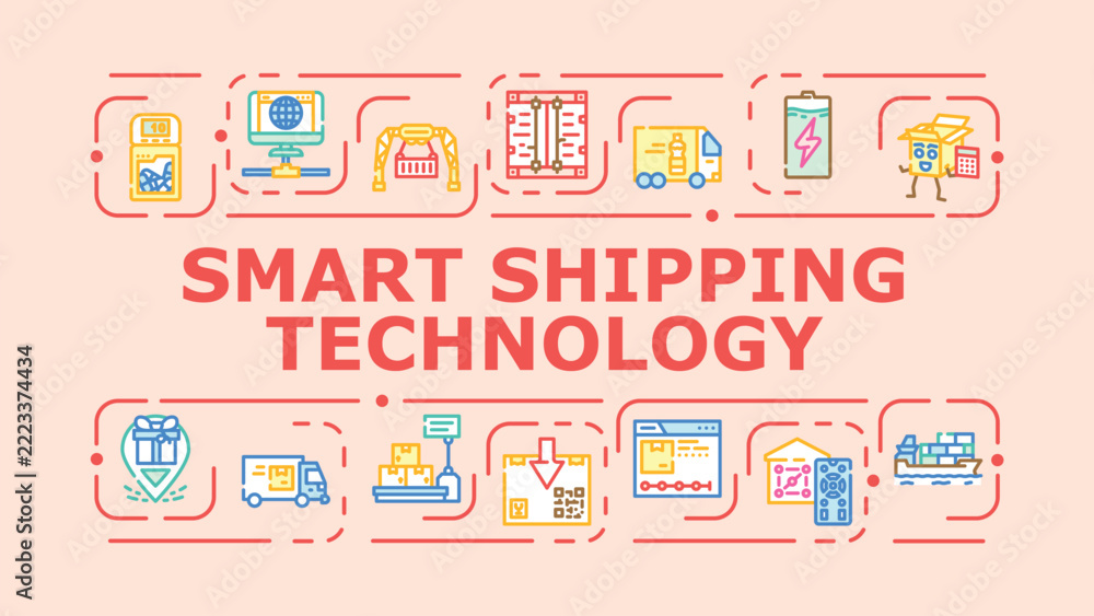 Obraz premium Smart shipping technology banner infographic. Dispatch cargo, fulfillment analytics, delivery integration icon vector illustration