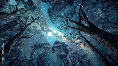 Nighttime Forest Scene with Bright Moonlight and Tall Trees.