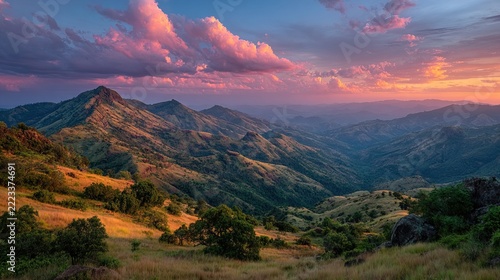 Scenic Mountain Landscape During Sunset with Vibrant Sky.