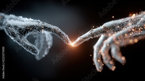 Futuristic Digital Hands Touching with Sparks and Light.