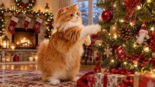 Fluffy ginger cat playing with Christmas ornaments beside decorated tree and gifts in cozy festive home