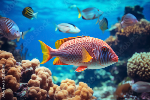 tropical fishes close-up in sea underwater coral reef