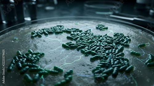 Close up of green bacterial colonies forming clusters on a petri dish  with thin filaments connecting them  set against a dark lab environment with out of focus labware