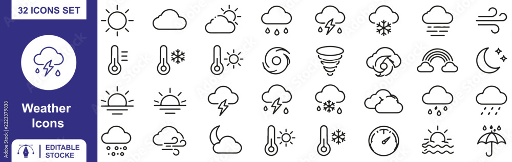 Fototapeta premium Weather Line Icons Set – 32 Editable Outline Weather, Storm, Cloud and Forecast Symbols