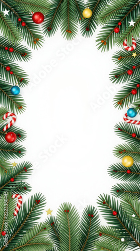 Christmas Fir Tree Branches Frame with Colorful Baubles Candy Canes and Berries Isolated White Center with Copy Space. Holiday Christmas Border Frame Template with Pine Branches and Ornaments on White