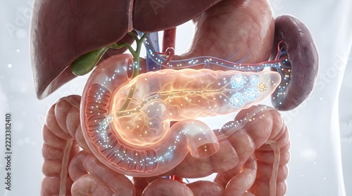 Detailed medical visualization of abdominal organs including pancreas  liver  gallbladder  and intestines with illuminated vascular and ductal networks