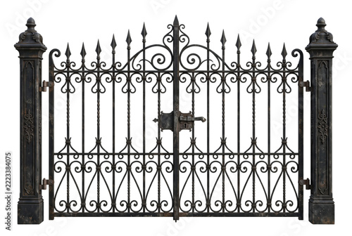 Ornate antique wrought iron cemetery gate with pillars