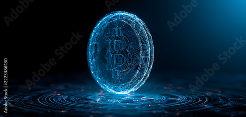 Futuristic digital currency symbol floating in glowing blue holographic light with showcases sleek glowing field intricate network