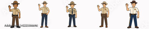 set of vector illustrations of a male sheriff standing and waving his hand