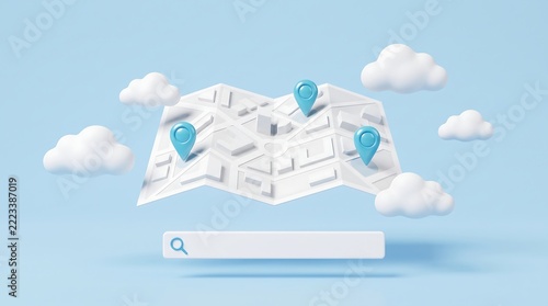 Paper map with location pins and search bar in clouds navigation destination technology internet geographic orientation