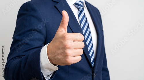 Businessman wearing suit jacket showing thumbs up sign with agreement approval professional clothing positive expression