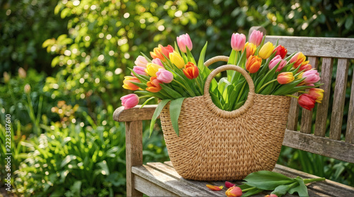 Colorful spring tulips in a woven straw basket sitting on a rustic wooden bench in a sunny green garden