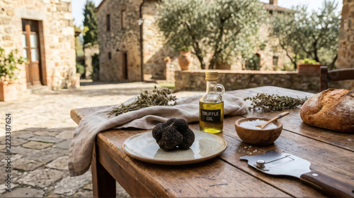 Black truffle with truffle oil, sea salt, and fresh bread on a rustic wooden table in a sunny Italian courtyard