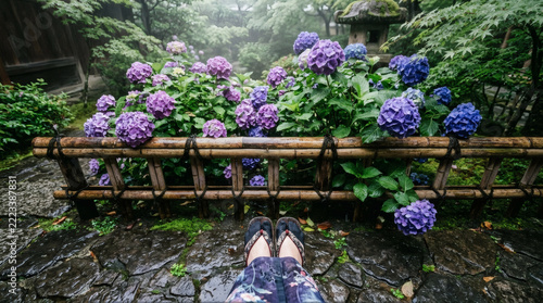 Vibrant purple and blue hydrangeas blooming in a traditional Japanese garden with bamboo fence and stone lantern