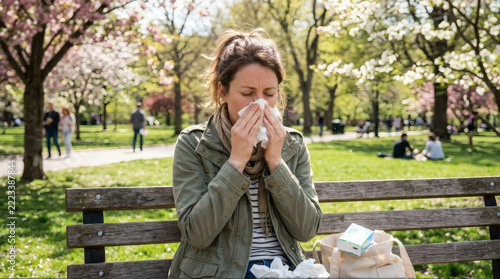 Young woman suffering from seasonal allergies sneezing into a tissue while sitting on a wooden bench in a sunny park