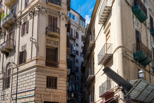 Facades of historic buildings in the city center of Palermo, Sicily, near the Canti district