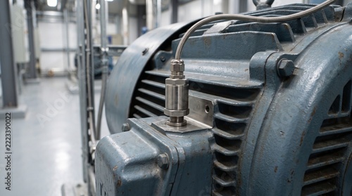 Industrial Vibration Monitoring Sensor Mounted on a Large Electric Motor for Predictive Maintenance