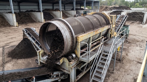 Rotary Trommel Screen Separating Finished Compost at a Commercial Organic Waste Processing Facility