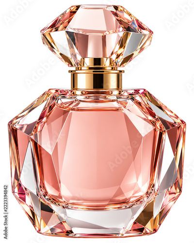 Faceted pink glass perfume bottle with a diamond shaped stopper and gold collar isolated on a transparent background