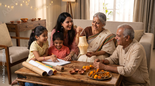 Happy multi-generational Indian family preparing for Diwali festival at home; grandmother showing a traditional paper lantern to children while grandfather and mother enjoy festive activities.