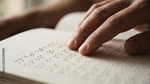 Fingertips reading a page of braille dots