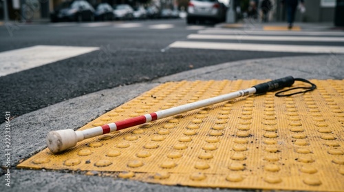 White cane on yellow tactile paving at a crossing