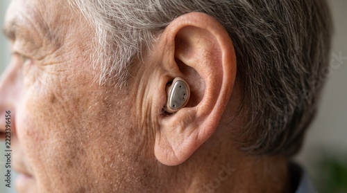 Close-up of a hearing aid in a senior ear
