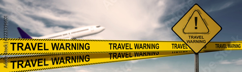 Travel warning banner and caution sign with an airplane flying in the cloudy sky, representing flight cancellations, travel restrictions, and tourism alerts. Concept of travel restrictions