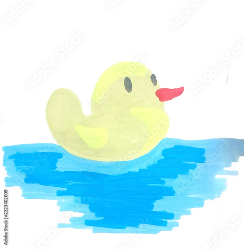 Hand drawn acrylic marker illustration of a yellow duck with orange beak swimming in blue water. Simple bold style on white background. Perfect for kids, nursery, pond, farm, nature and animal themes,