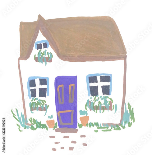Hand drawn acrylic marker illustration of a small cozy house with brown roof, white walls, purple door, two windows with flower boxes, and small plants around. Simple bold style on white background
