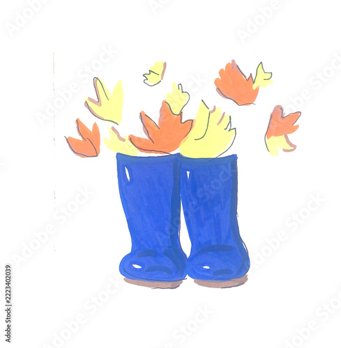 Hand drawn acrylic marker illustration of a pair of blue rubber boots filled with bright orange and yellow autumn leaves. Simple, bold style on white background. Perfect for fall, autumn, seasonal des
