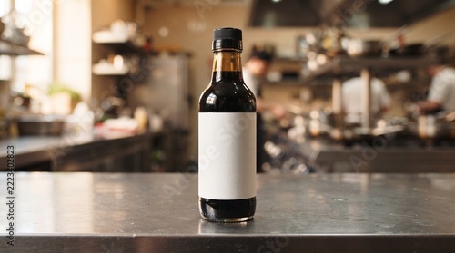 Blank Label Soy Sauce Bottle Standing on a Stainless Steel Counter in a Kitchen