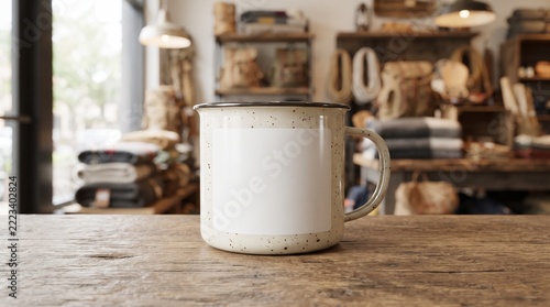 Blank Speckled Enamel Mug Mockup on a Rustic Wooden Table in a Cozy Retail Shop